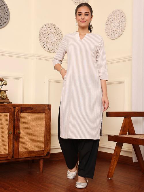 women striped three quarter sleeve straight kurta - 21642035 - Very Small Image - 1