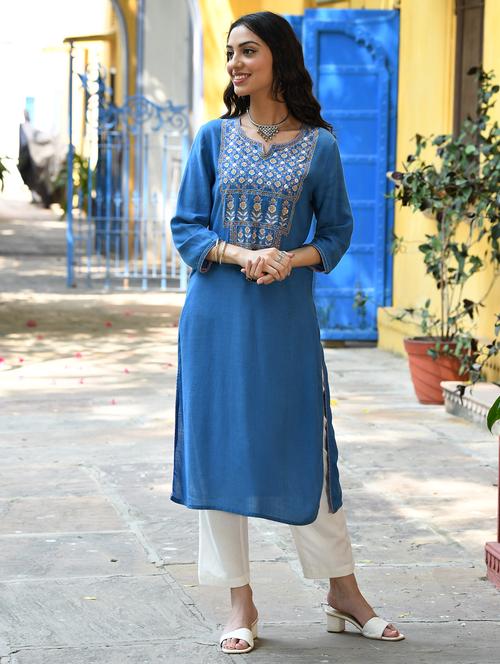 women embroidered three quarter sleeve straight kurta - 21642069 - Very Small Image - 1