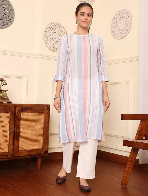 women striped three quarter sleeve straight kurta - 21642077 - Very Small Image - 1