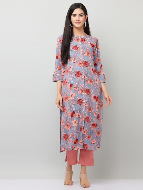 women floral three quarter sleeve straight kurta - 21642079 - Very Small Image - 1