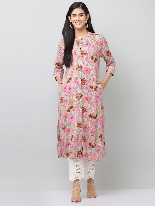 women floral three quarter sleeve straight kurta - 21642080 - Very Small Image - 1