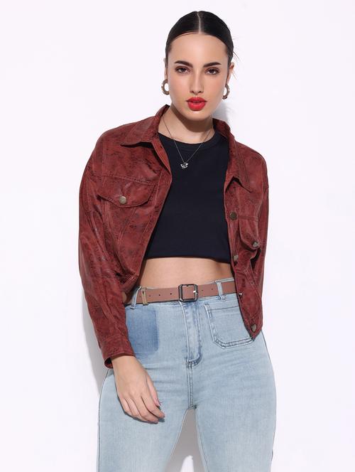 women brown printed long sleeve leather jacket - 21643174 - Very Small Image - 1