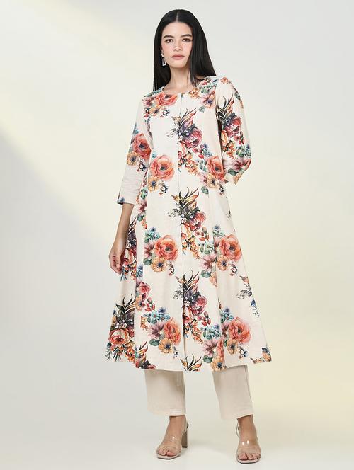 women cream floral printed kurta pant set - 21643226 - Very Small Image - 1