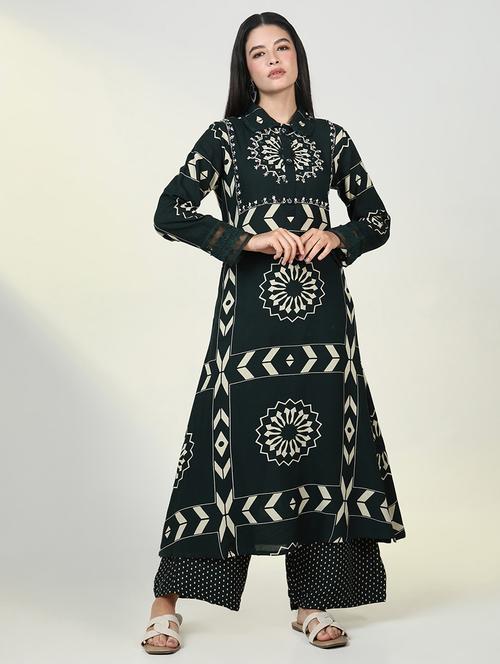 women bottle green printed kurta palazzo set  - 21643237 - Very Small Image - 1