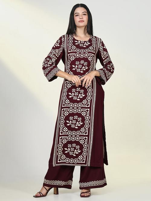 women maroon printed kurta palazzo set - 21643251 - Very Small Image - 1