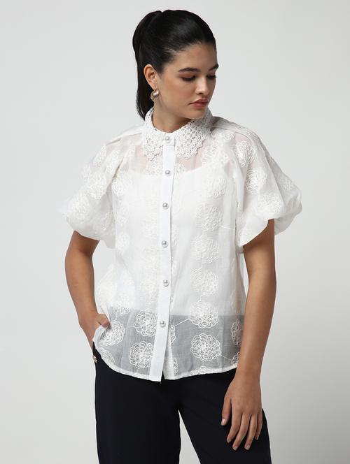 women lace deatiled collared puff sleeves shirt with slip - 21643309 - Very Small Image - 1