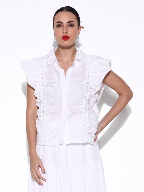 women solid lace detailed ruffled top - 21643379 - Very Small Image - 1