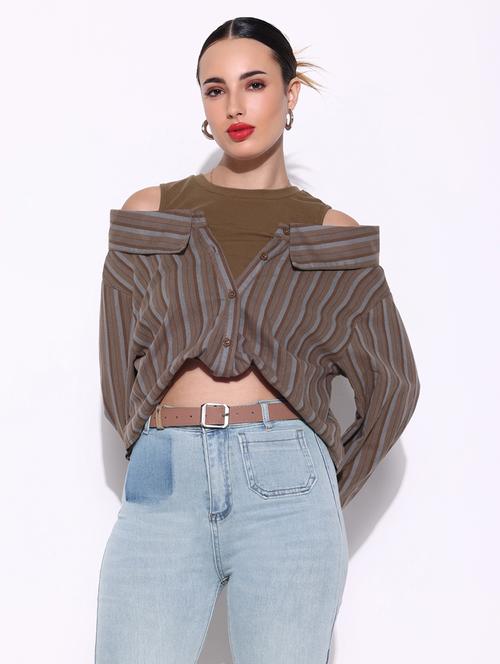 women brown stripes long sleeve shirt top - 21643402 - Very Small Image - 1