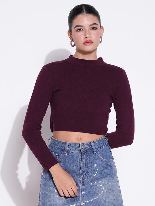 women purple solid long sleeve crop top - 21643439 - Very Small Image - 1