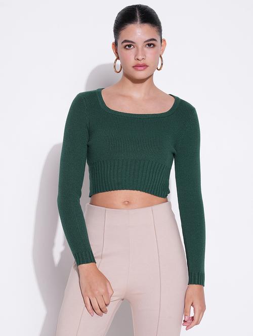 women green solid long sleeve crop top - 21643443 - Very Small Image - 1