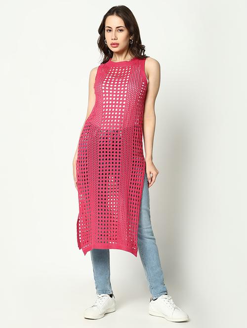 women pink solid crochet longline top - 21643528 - Very Small Image - 1