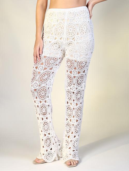 women white solid crochet full length trouser - 21643537 - Very Small Image - 1