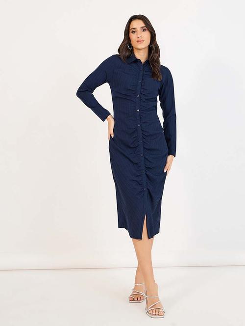 women blue solid long sleeve collared neck a-line dress - 21643761 - Very Small Image - 1
