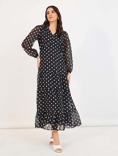 women black polka dots v neck tiered dress - 21643766 - Very Small Image - 1