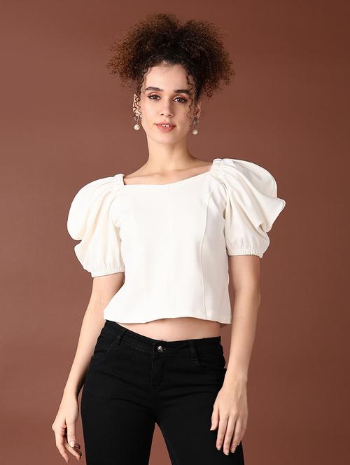 women solid puff sleeve crop top - 21644137 - Very Small Image - 1