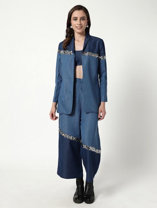 women blue denim top and trouser set with blazer - 21644478 - Very Small Image - 1