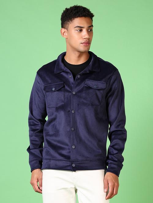 men blue solid long sleeve shacket - 21646041 - Very Small Image - 1