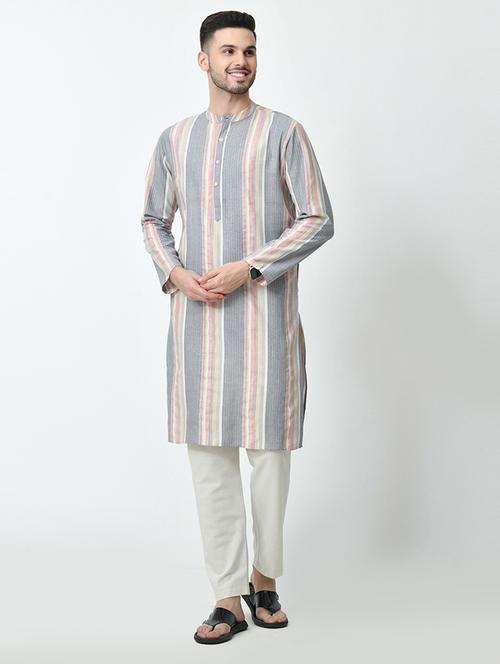 men striped mandarin neck long kurta - 21646606 - Very Small Image - 1