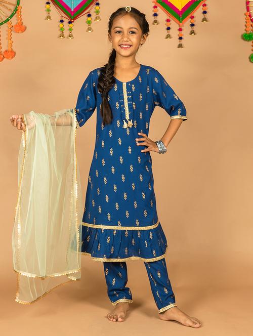 girls floral printed round neck suit set - 21646649 - Very Small Image - 1