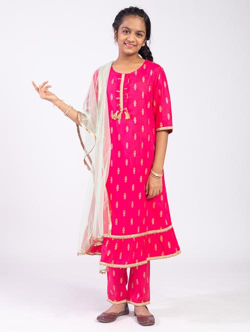 girls pink floral printed roundneck suit set - 21646650 - Very Small Image - 1