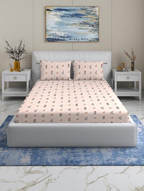 quirky home rome collection premium cotton blend 180 tc flat double wrinklefree bedsheet with 2 pillow covers, beige flower - 21647274 - Very Small Image - 1