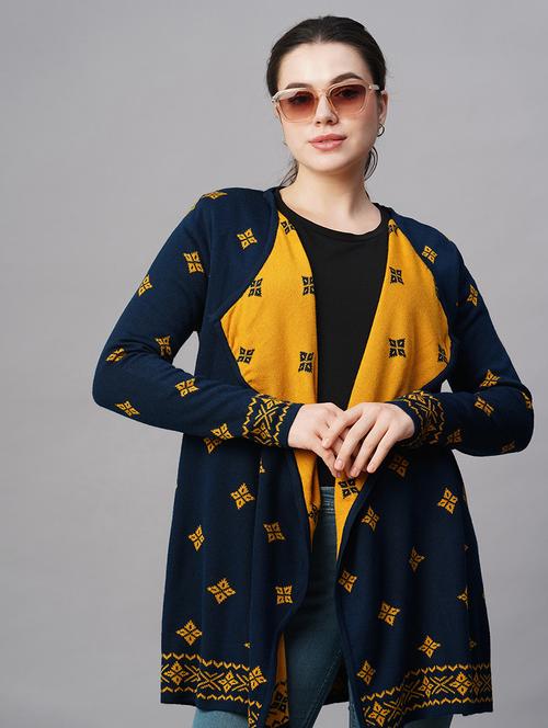 globus women blue lapel collar ethnic motifs self design acrylic hip length winter shrug - 21647404 - Very Small Image - 1