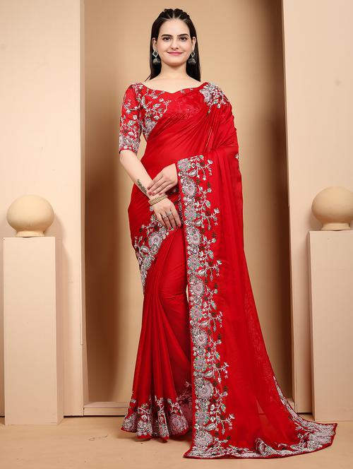 women red embroidered saree with blouse - 21649270 - Very Small Image - 1