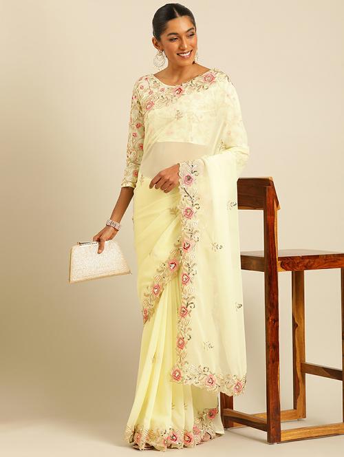 women yellow embroidered saree with blouse - 21649274 - Very Small Image - 1
