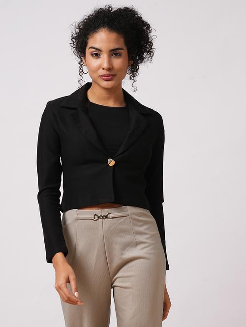 globus women black lapel collared long sleeves front opening crop work wear blazer - 21649554 - Very Small Image - 1