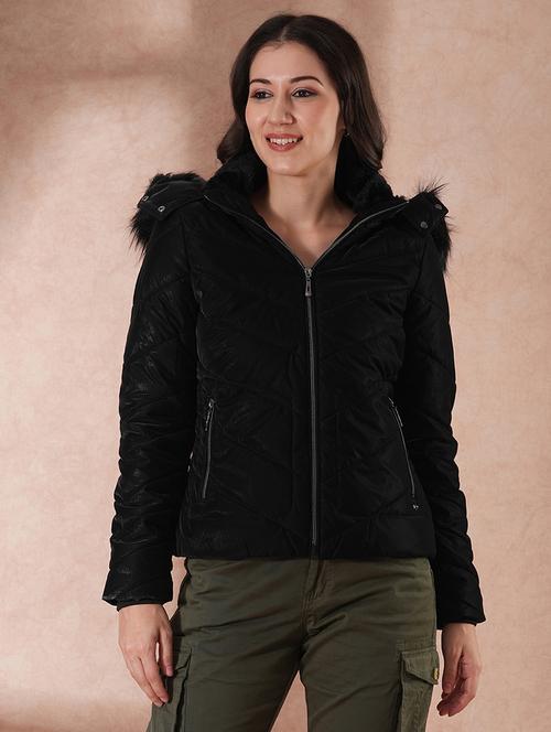 globus women black mock neck front zip winter wear insulator puffer jacket with detachable faux fur hood - 21649555 - Very Small Image - 1