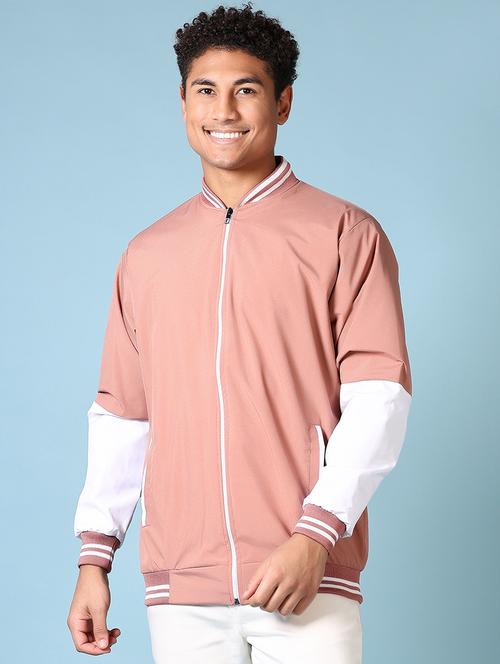 men peach solid long sleeve varsity jacket - 21649756 - Very Small Image - 1