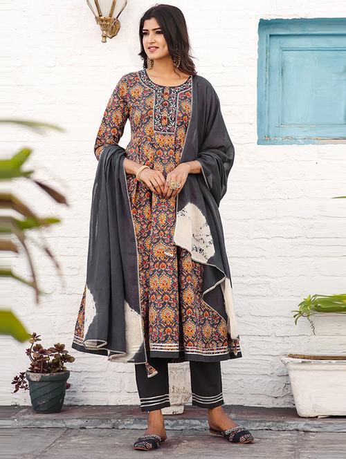 women grey printed kurta pant set with dupatta - 21650357 - Very Small Image - 1