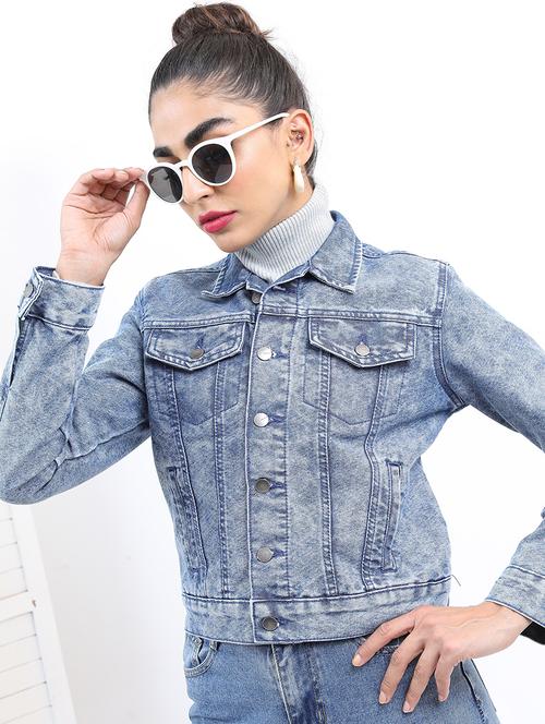 women long sleeves solid denim jacket - 21650993 - Very Small Image - 1