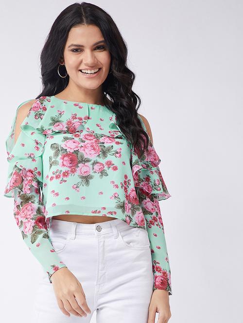 women floral print ruffled detailed crop top - 21651122 - Very Small Image - 1