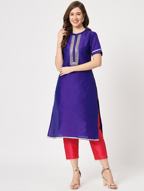 women solid with work kurta pant set - 21651477 - Very Small Image - 1