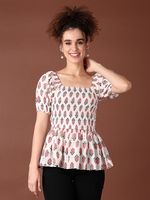 women puff sleeves printed peplum top - 21651548 - Very Small Image - 1