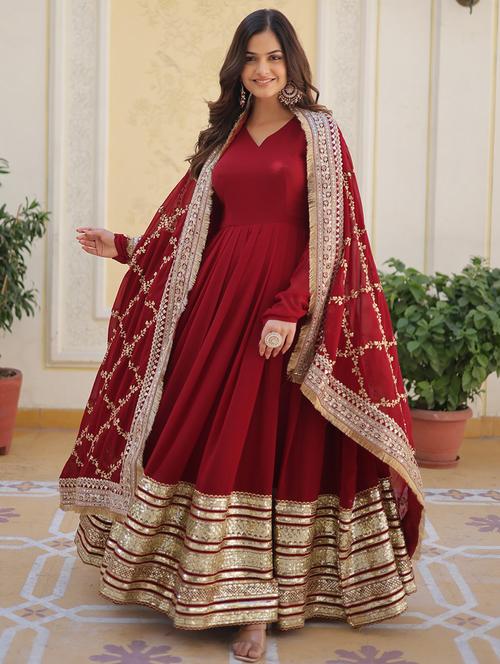 women maroon long sleeve kurta dupatta set - 21651841 - Very Small Image - 1