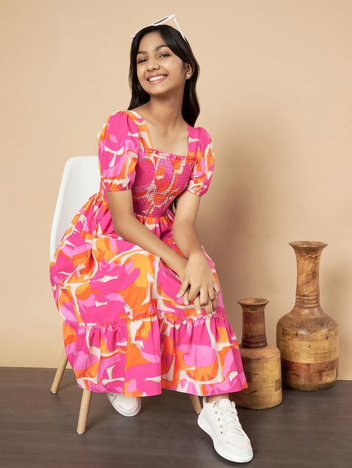 girls printed square neck fit & flare dress - 21652937 - Very Small Image - 1