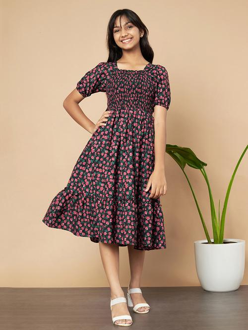 girls floral square neck fit & flare dress - 21652938 - Very Small Image - 1