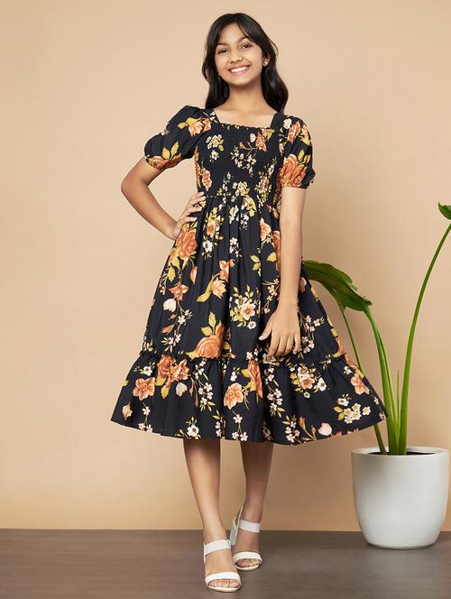 girls floral square neck fit & flare dress - 21652940 - Very Small Image - 1