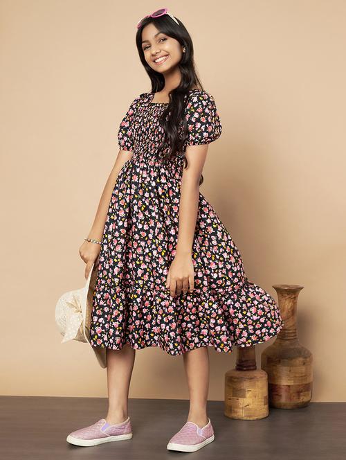 girls floral square neck fit & flare dress - 21652945 - Very Small Image - 1