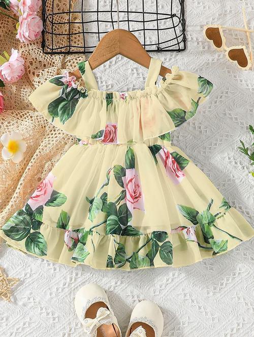girls floral printed off shoulder frock - 21659600 - Very Small Image - 1