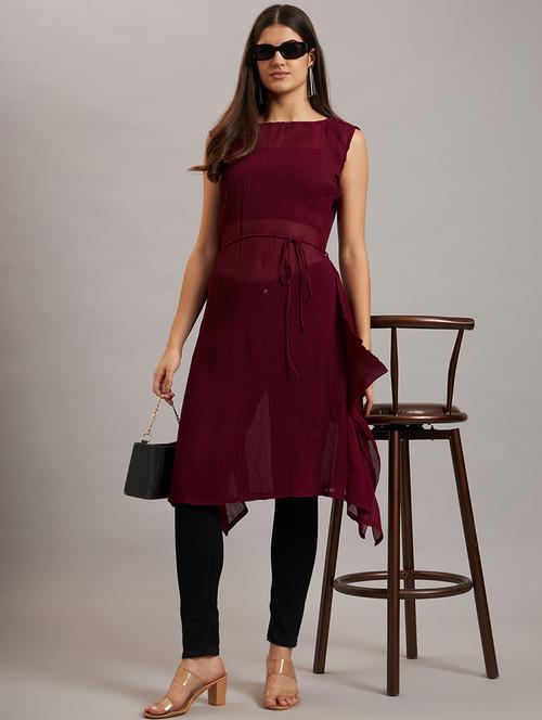 women maroon solid sleeveless asymmetric kurta - 21659603 - Very Small Image - 1