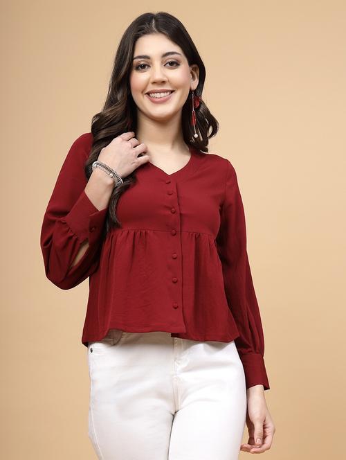 women maroon solid longd sleeve shirt top - 21659838 - Very Small Image - 1