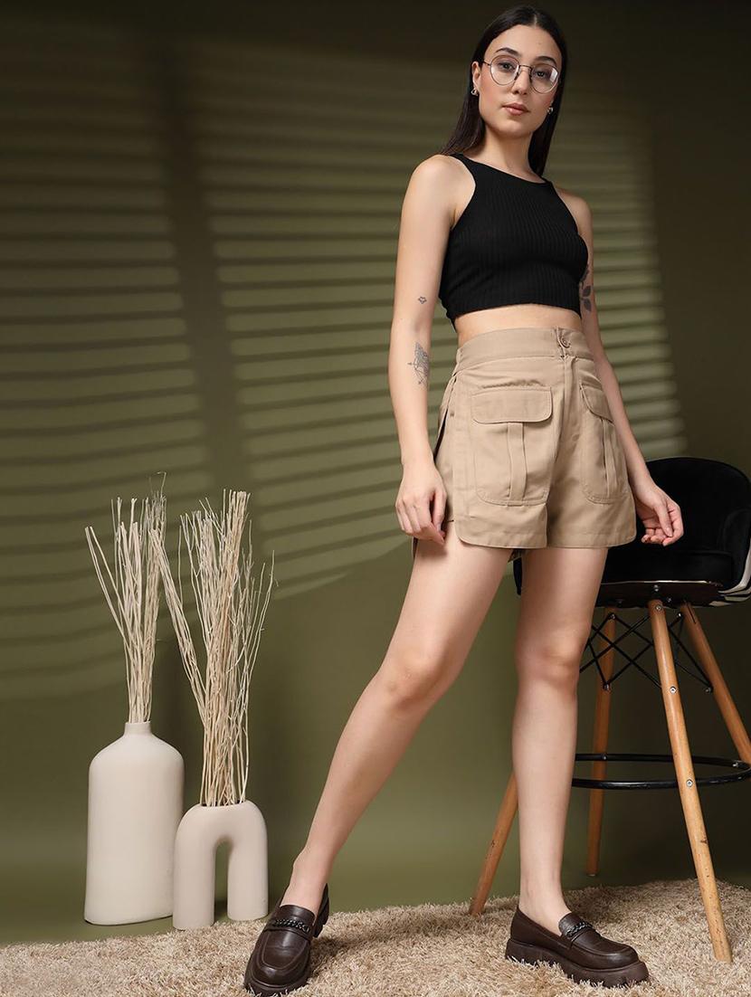 women beige solid tailored shorts - 21659850 - Standard Image - 4
