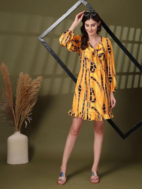 women mustard printed v neck fit & flare dress - 21660046 - Very Small Image - 1