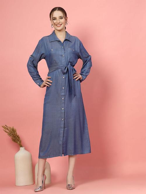 women blue solid shirt collar neck a-line dress - 21660048 - Very Small Image - 1