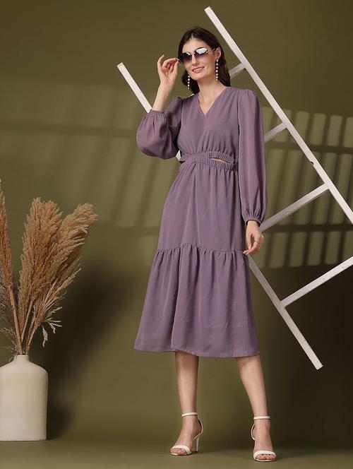 women purple solid v neck tiered dress - 21660053 - Very Small Image - 1