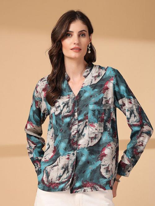 women printed mandarin neck western top - 21660469 - Very Small Image - 1