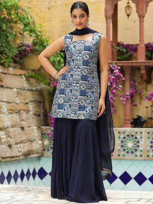 women navy blue sleeveless kurta sharara set - 21660482 - Very Small Image - 1